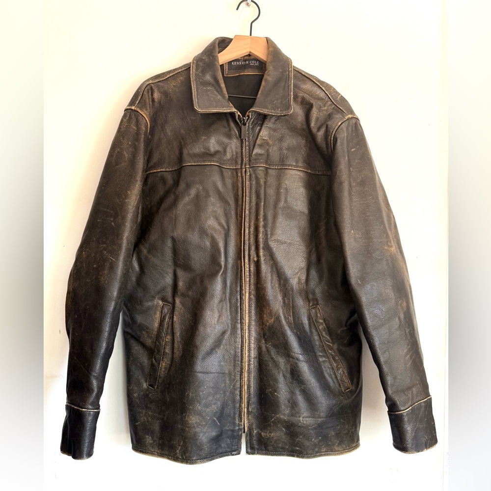 Kenneth Cole New York Men’s L Heavyweight Distressed Brown Leather Jacket Patina